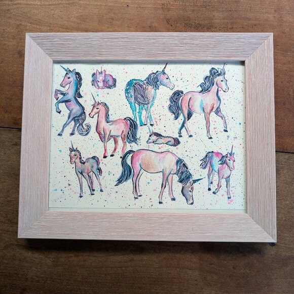Original Watercolor - Galaxy Pink Unicorns on a Splatter Confetti Background - Picture 1 of 7